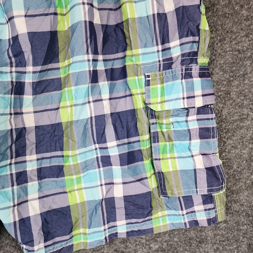 Kanu Surf Swim Trunks Men XXL Blue Green Plaid Cargo Pocket Board Shorts